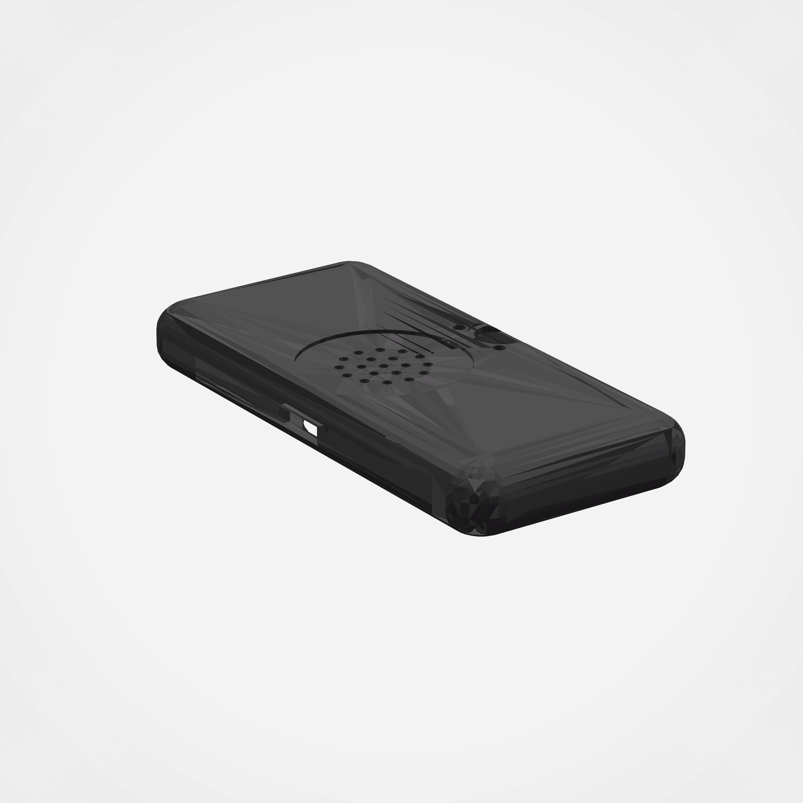 Tabrys device 3/4 angle showing carbon fiber texture and speaker grille